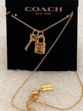 Coach Gold-Tone Padlock & Key Necklace with Multicolor Enamel